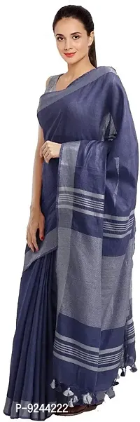 Bhagalpuri Handloom Linen Slub Saree With Running Blouse Piece Attached For Women's (Silver-Gres-Blue)