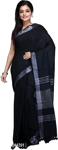 Linen Blended Handloom Bhagalpuri Saree With Running Blouse Piece Attached For Women's (Black)