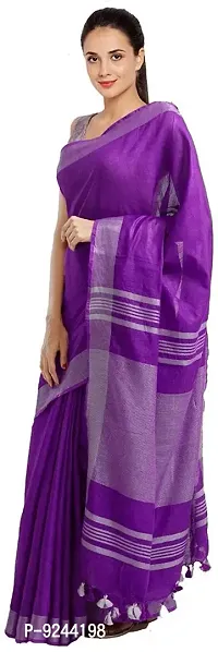 Bhagalpuri Handloom Linen Slub Saree With Running Blouse Piece Attached For Women's (Silver-Purple)-thumb0