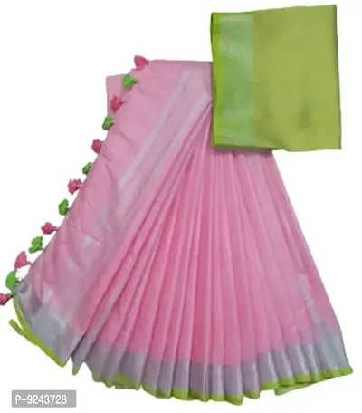 NR Attractive Handwoven Cotton Linen Saree (Parrot -Baby-Pink)-thumb0