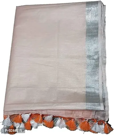 Linen Blend Handloom Zari Border Saree For Women's With Contrast Blouse Piece (Orange  White)-thumb4