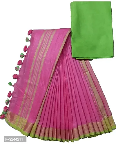 Handloom Women's Cotton Linen Slub Bhagalpuri Saree With Contrast Blouse Piece (Green-Pink)