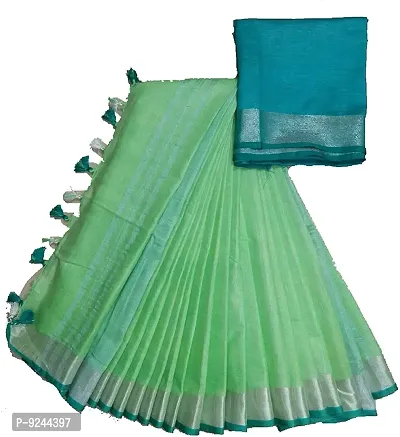 Bhagalpuri Handloom Women's Linen Slub Saree with Contrast Blouse Piece (Rama-Green S Green)