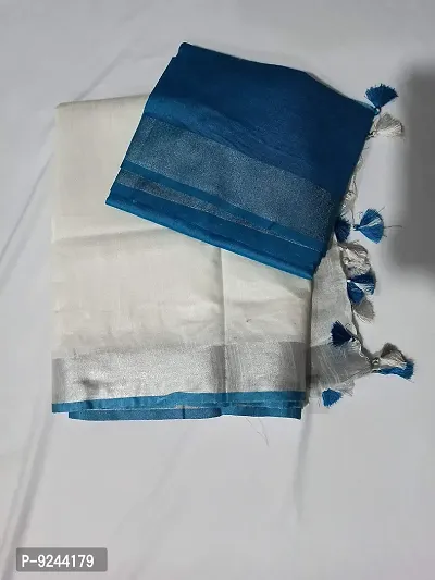 HANDLOOM FABRIC Women's Bhagalpuri linen Slub Saree with Contrast Blouse Piece ( HF0364 , Firozi Silver White)-thumb3