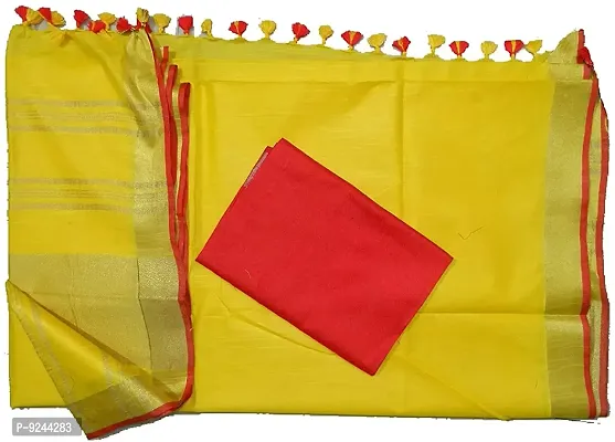 Bhagalpuri Handwoven Linen Cotton Blended Saree With Blouse Piece (Red-Yellow)-thumb2