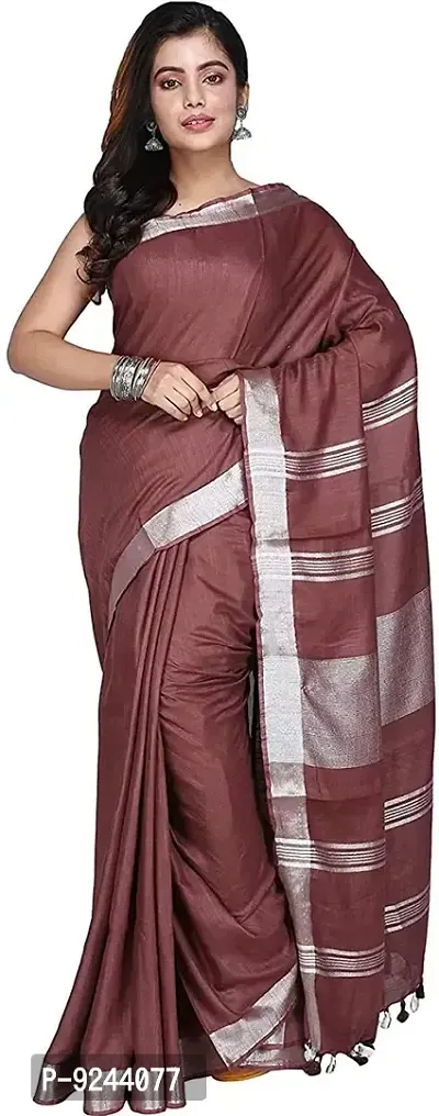 Bhagalpuri Handloom Women's Linen Slub Saree With Running Blouse Piece Attached (Silver-chocolate)