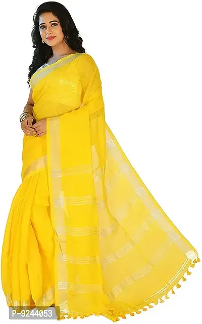 Bhagalpuri Handloom Women's Linen Slub Saree With Running Blouse Piece Attached (Silver-Yellow)-thumb2