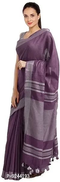 Bhagalpuri Handloom Linen Slub Saree With Running Blouse Piece Attached For Women's (Silver?Purple)-thumb0