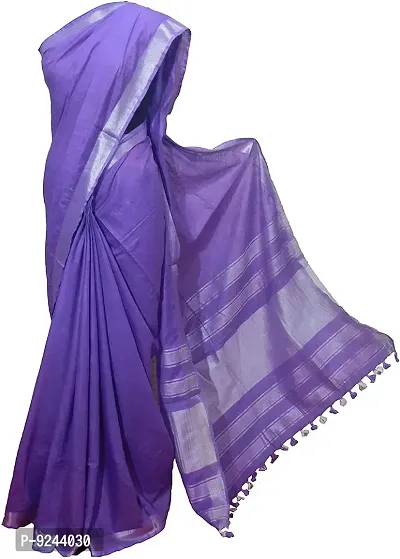 Bhagalpuri Handloom Women's Linen Slub Saree With Running Blouse Piece Attached (Silver-Purple)-thumb0