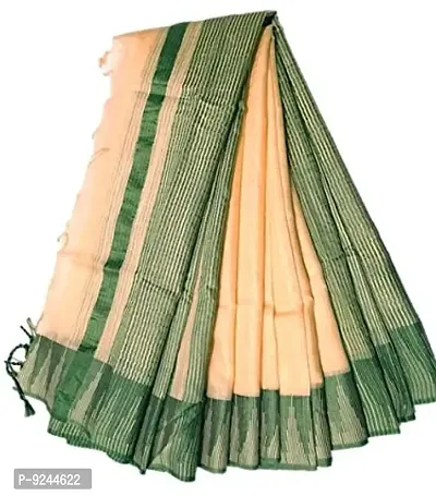Bhagalpuri Handloom Women's Kota Silk Temple Border Handwoven Saree With Stripes Blouse Piece Attached (Dark-Green?Cream)-thumb0
