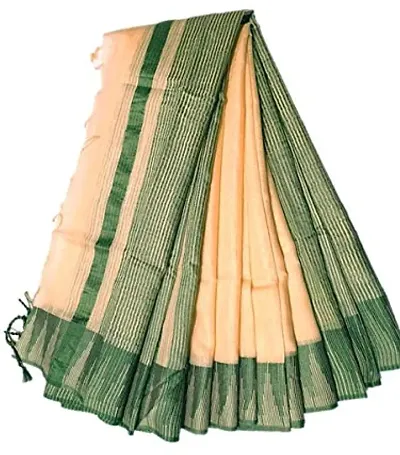 Bhagalpuri Handloom Women's Kota Silk Temple Border Handwoven Saree With Stripes Blouse Piece Attached
