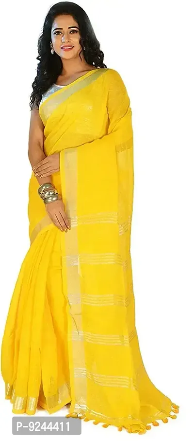 Bhagalpuri Handloom Women's Linen Slub Saree with Contrast Blouse Piece (Silver ?Yellow)