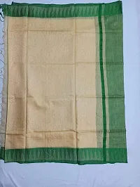 Bhagalpuri Handloom Women's Kota Silk Temple Border Handwoven Saree With Stripes Blouse Piece Attached (Dark-Green?Cream)-thumb1