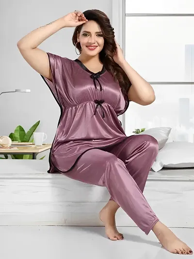 Trending Kaftan Plain Satin Night Suit, Top Pyjama , Co-ord Set.