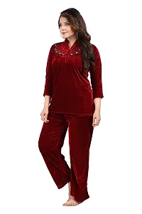 Trending Velvet Collared Night Suit,Shirt Pajama ,Sleep Wear To Be Wear In Winters For Girls And Women.-thumb1