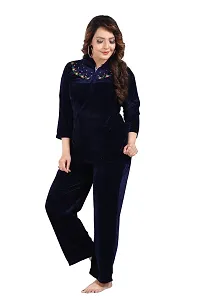 Trending Velvet Collared Night Suit,Shirt Pajama ,Sleep Wear To Be Wear In Winters For Girls And Women.-thumb1