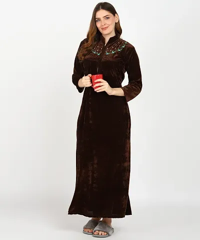 Classic Velvet Embroidered Nighty for Women