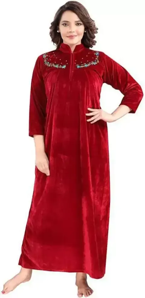 Classic Velvet Embroidered Nighty for Women