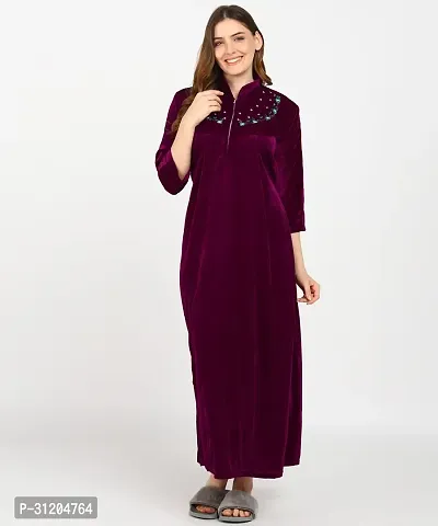 Classic Velvet Embroidered Nighty for Women-thumb4