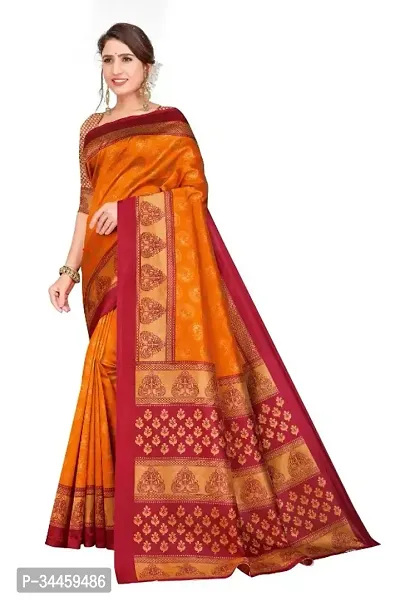 Stylish Orange Art Silk Printed Saree with Blouse piece For Women-thumb0