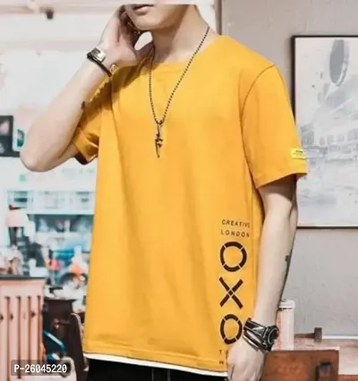 Stylish Yellow Cotton Printed Round Neck T-shirt For Men-thumb0