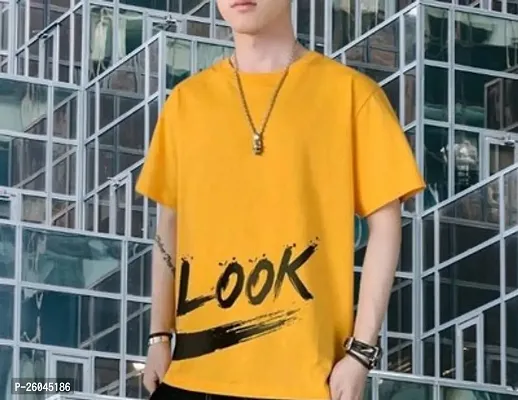 Stylish Yellow Cotton Printed Round Neck T-shirt For Men-thumb0