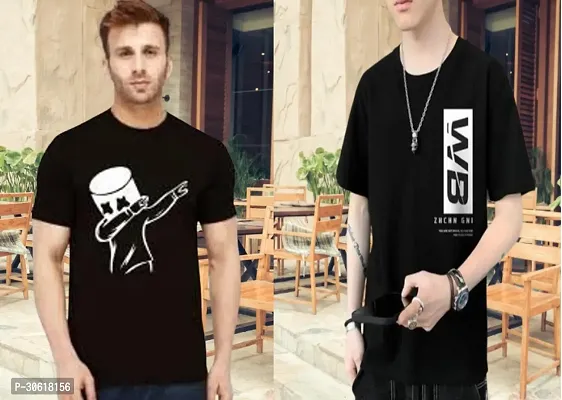 Stylish Black Cotton Short Sleeves Round Neck Tees For Men Pack Of 2