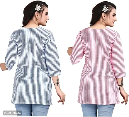 Dhyana Fab Women Striped Straight Kurta Pink, Dark Blue, White Pack of 2-thumb2