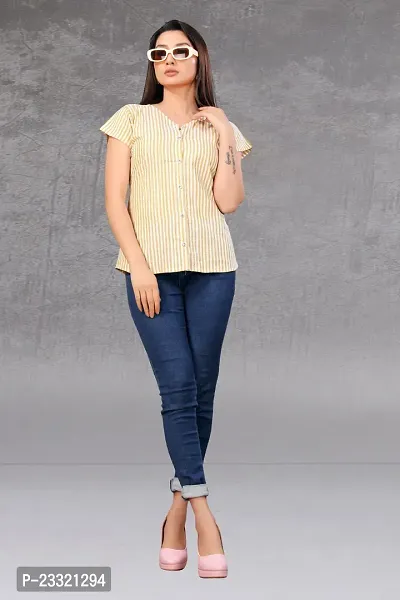 Elegant Yellow Pure Cotton Striped Top For Women