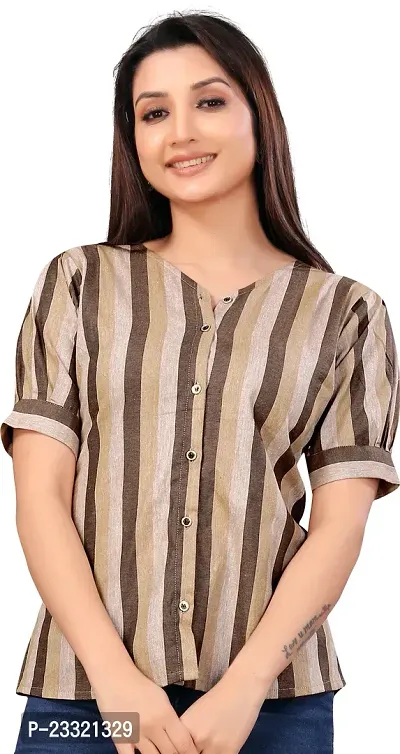 Elegant Multicoloured Cotton Linen Striped Top For Women-thumb0