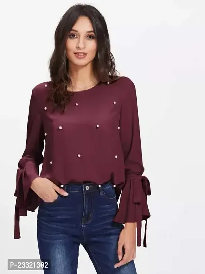 Elegant Maroon Crepe Embroidered Top For Women-thumb0