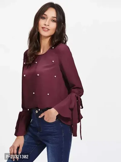 Elegant Maroon Crepe Embroidered Top For Women-thumb3