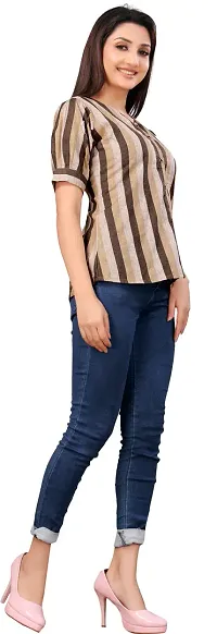Elegant Multicoloured Cotton Linen Striped Top For Women-thumb2