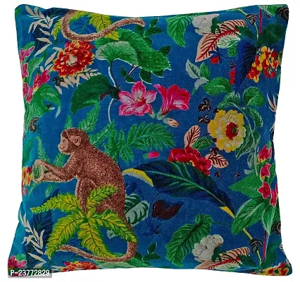 Kirti Finishing Blue Monkey Print Velvet Cushion Cover 16 inches (KFC-016-16-2)