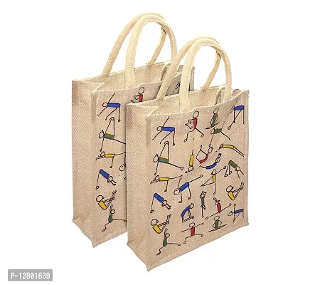 Jute Bags Eco-Friendly Jute Bag, 2 pk Yoga Printed Tiffin/Shopping/Grocery Hand Bag with Zip  Handle for Men and Women-thumb0