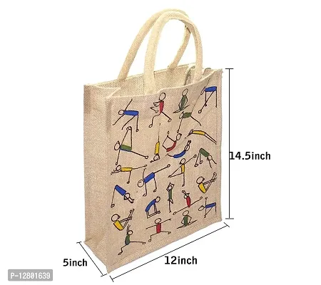 Jute Bags Eco-Friendly Jute Bag, 2 pk Yoga Printed Tiffin/Shopping/Grocery Hand Bag with Zip  Handle for Men and Women-thumb2