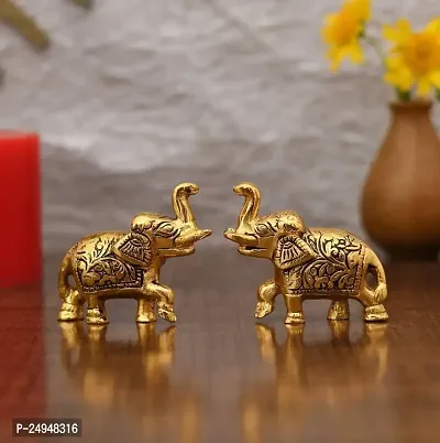 Set of Two Piece Metal Sculptures Elephant Pair for Showpiece and Decoration | Elephant Statue Pair in Golden Finish Having Attractive Look Decorative Showpiece-thumb0