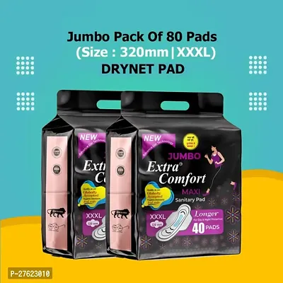 Jumbo Extra comfort DRY Net Top Sheet Pad naturally SOFT extra LONG Sanitary Pads With Wings |Odour Control Sysytem |100% Leakage Protection |Day  Night Protection | 320 MM Maxi (XXXL) 2 Jumbo Packet of 80 Extra large Pads-thumb0