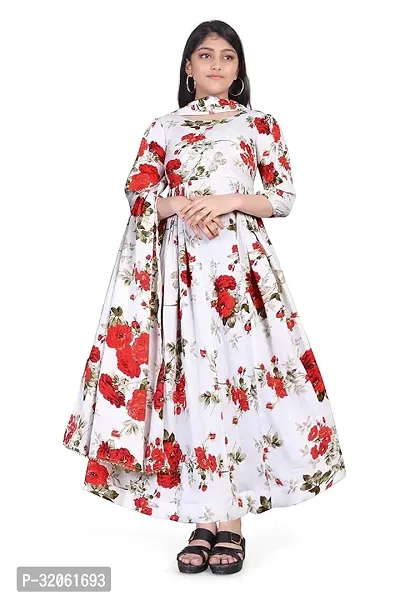 Fabulous White Georgette Printed Maxi Dress With Dupatta For Girls