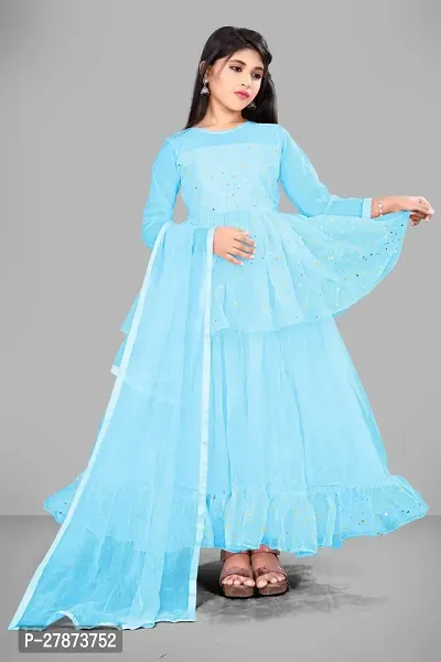 Stylish Blue Dupion Silk Gown With Dupatta Set For Girls