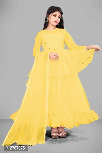 Stylish Yellow Dupion Silk Gown With Dupatta Set For Girls