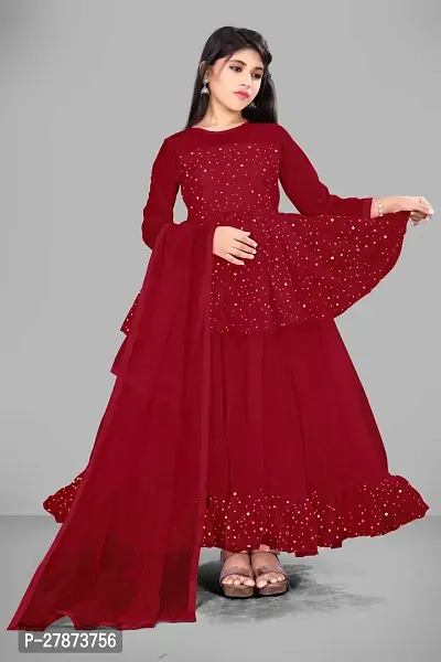 Stylish Maroon Dupion Silk Gown With Dupatta Set For Girls