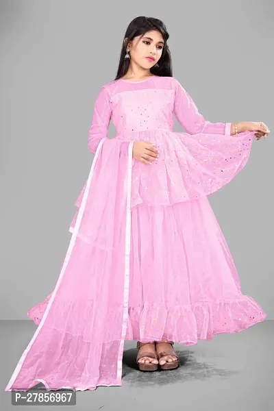 Stylish Pink Net Embellished Ethnic Gowns For Kis Girls-thumb0