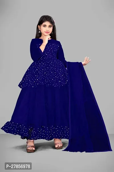 Stylish Blue Net Embellished Ethnic Gowns For Kis Girls-thumb2