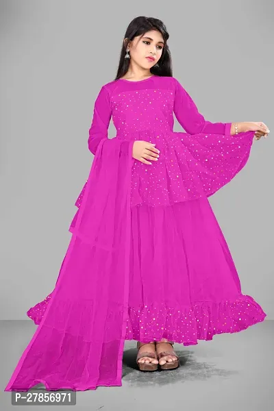 Stylish Pink Net Embellished Ethnic Gowns For Kis Girls