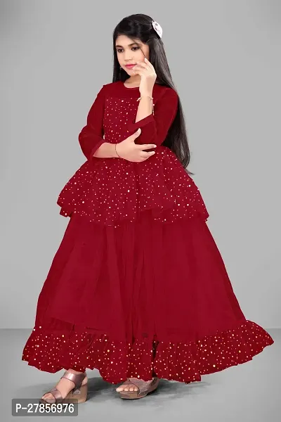 Stylish Maroon Net Embellished Ethnic Gowns For Kis Girls-thumb3