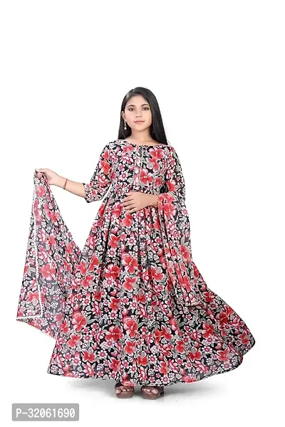 Fabulous Black Georgette Printed Maxi Dress With Dupatta For Girls-thumb0