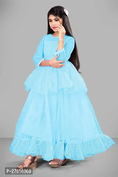 Stylish Blue Net Embellished Ethnic Gowns For Kis Girls-thumb3