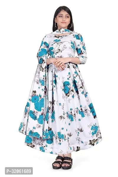 Fabulous White Georgette Printed Maxi Dress With Dupatta For Girls-thumb0