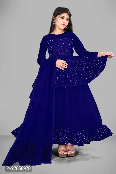 Stylish Blue Net Embellished Ethnic Gowns For Kis Girls-thumb0